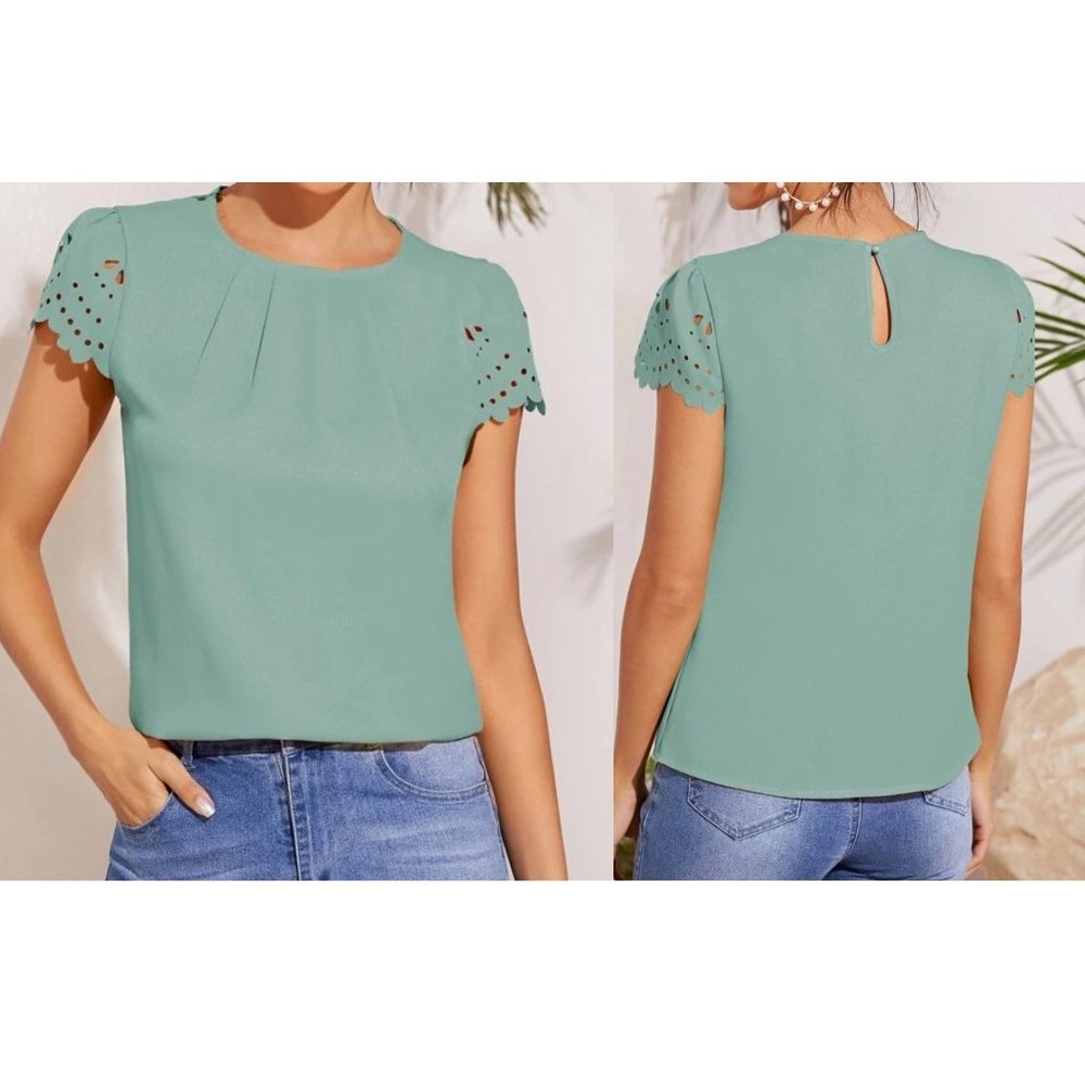 Shein Scallop Trim Laser Cut Sleeve Pleated Detail Top - Mint Green - Size M